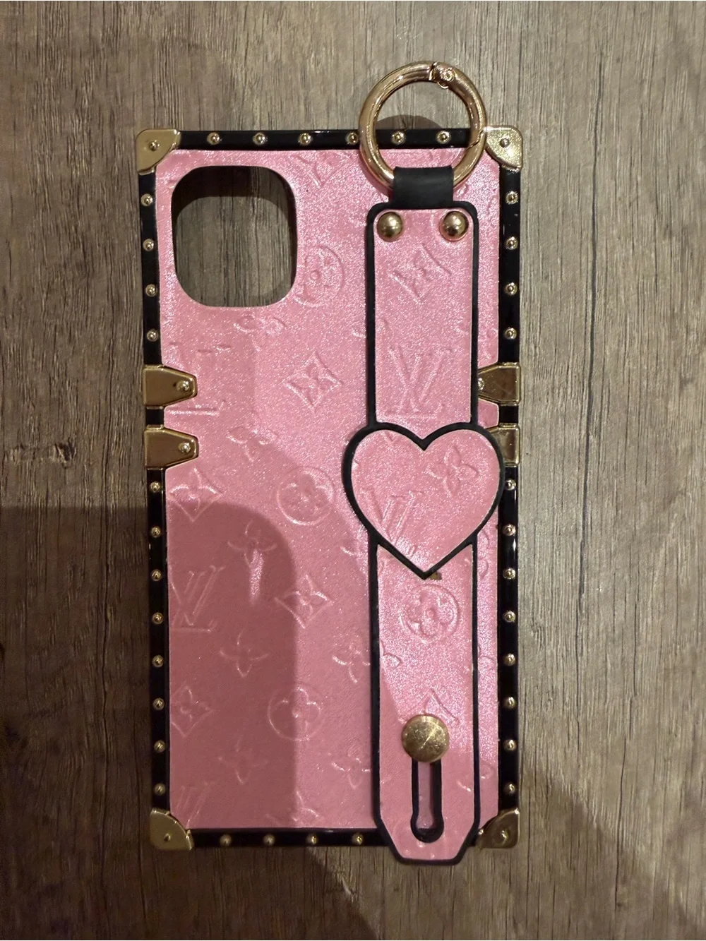 Pink Monogram Trunk-Style iPhone 14 Pro Max Case with Heart Strap